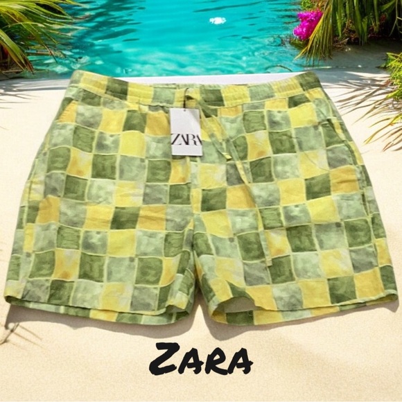 MENS NWT ZARA SUMMER SHORTS 6-1/2” INSEAM YELLOW/GREEN CHECK EXTRA LARGE - Picture 1 of 6